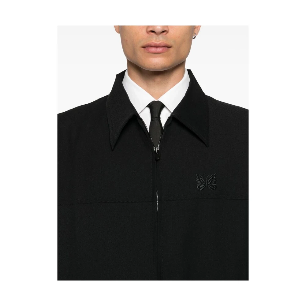 Needles Zwarte Jas met Rits en Logo Borduursel Black Heren