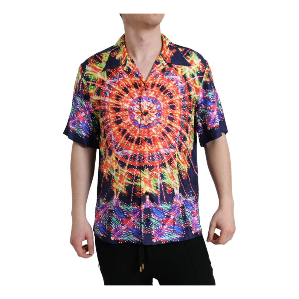 Dolce & Gabbana Men's Multicolor Short Sleeve Shirts, L, Luminary Print Silk Shirt