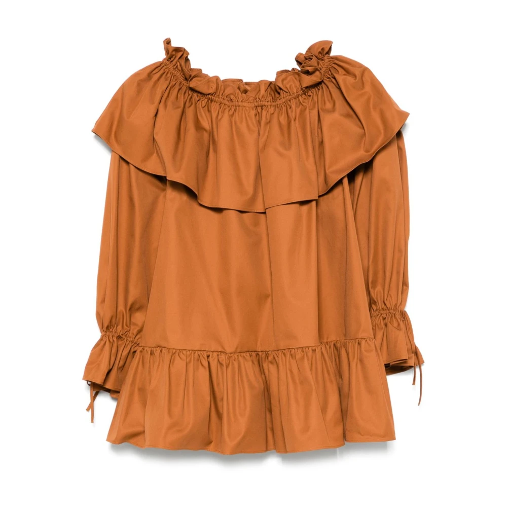 Saint Laurent Bruine Off-Shoulder Jurk met Zakken Brown Dames