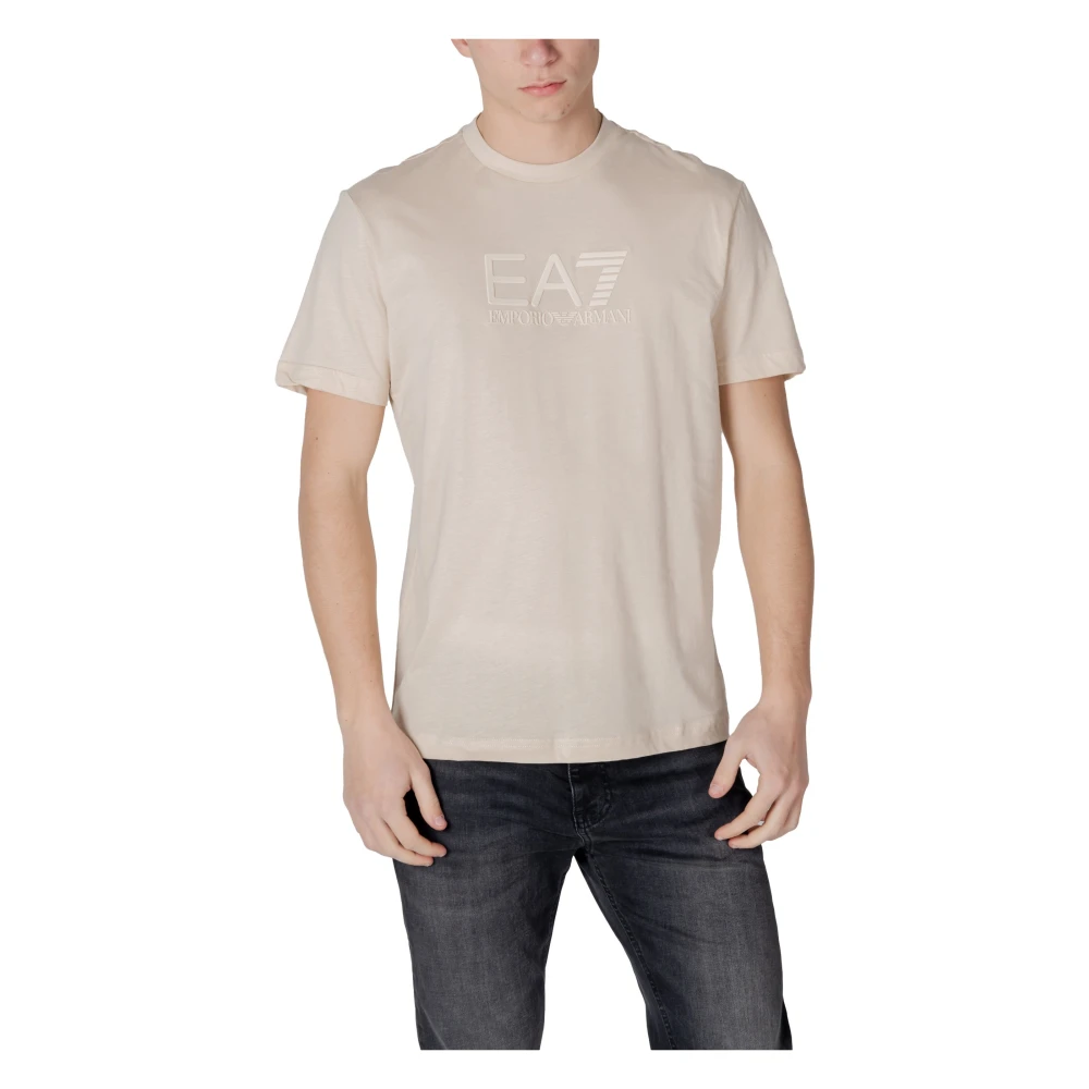 Emporio Armani Ea7 Mannelijk Beige Katoenen T-Shirt Met Ronde Hals