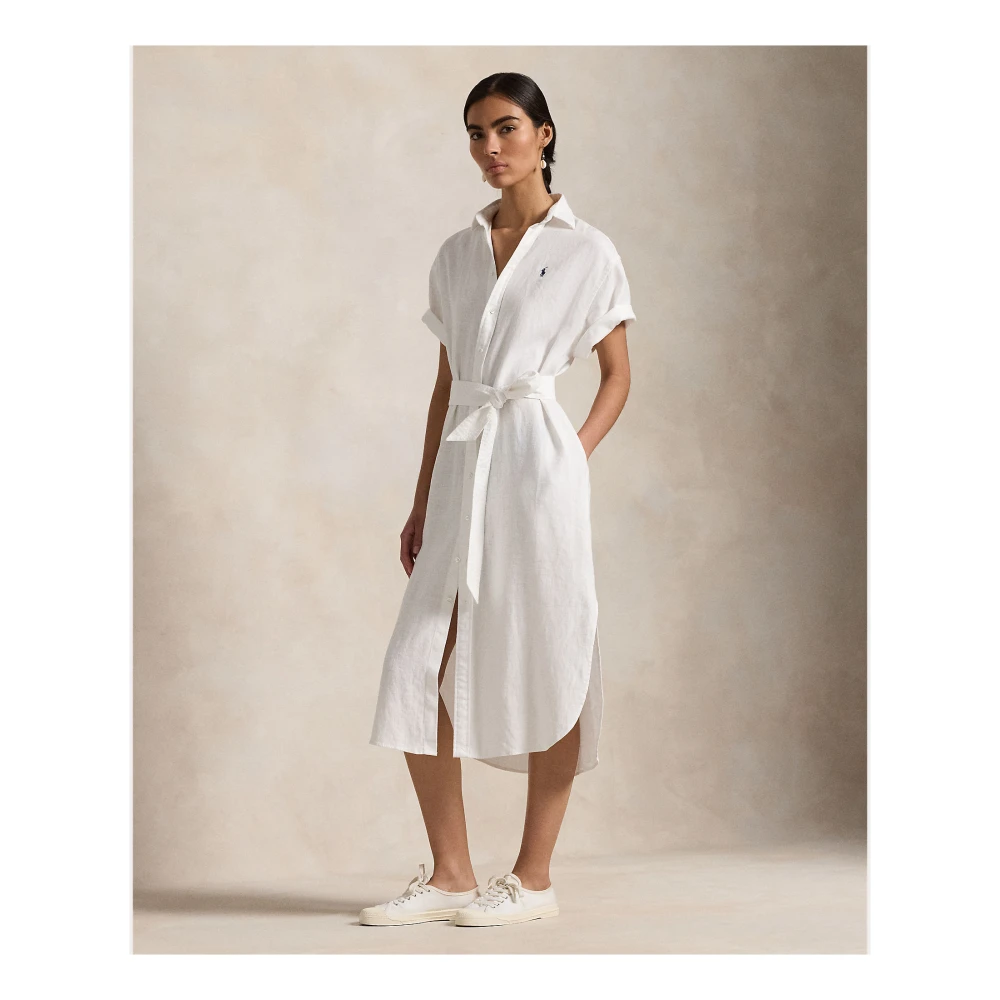 Polo Ralph Lauren Witte Linnen Overhemdjurk met Korte Mouwen White Dames
