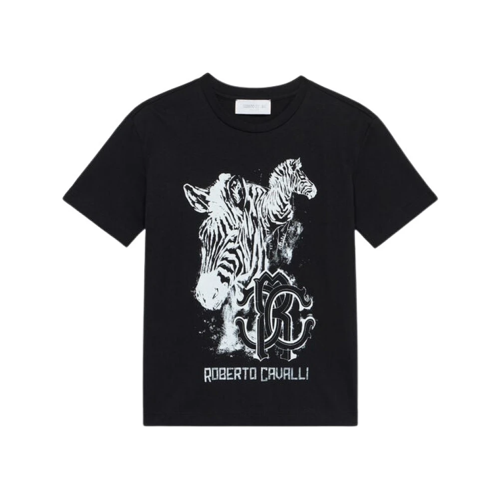 Roberto Cavalli Zebra Print Logo Cotton T-Shirt - Male - Kids Short Sleeve T-Shirts - Black - 12 Y - Kids