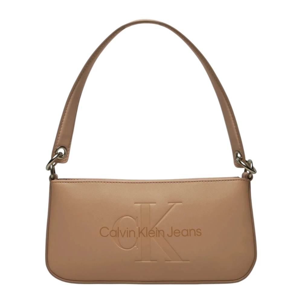 Calvin Klein Jeans Beige Schoudertas met Rits Lente Zomer Beige Dames