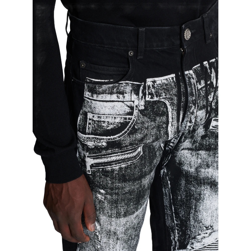 Balmain Wijde denim jeans met een biker-print Black Heren
