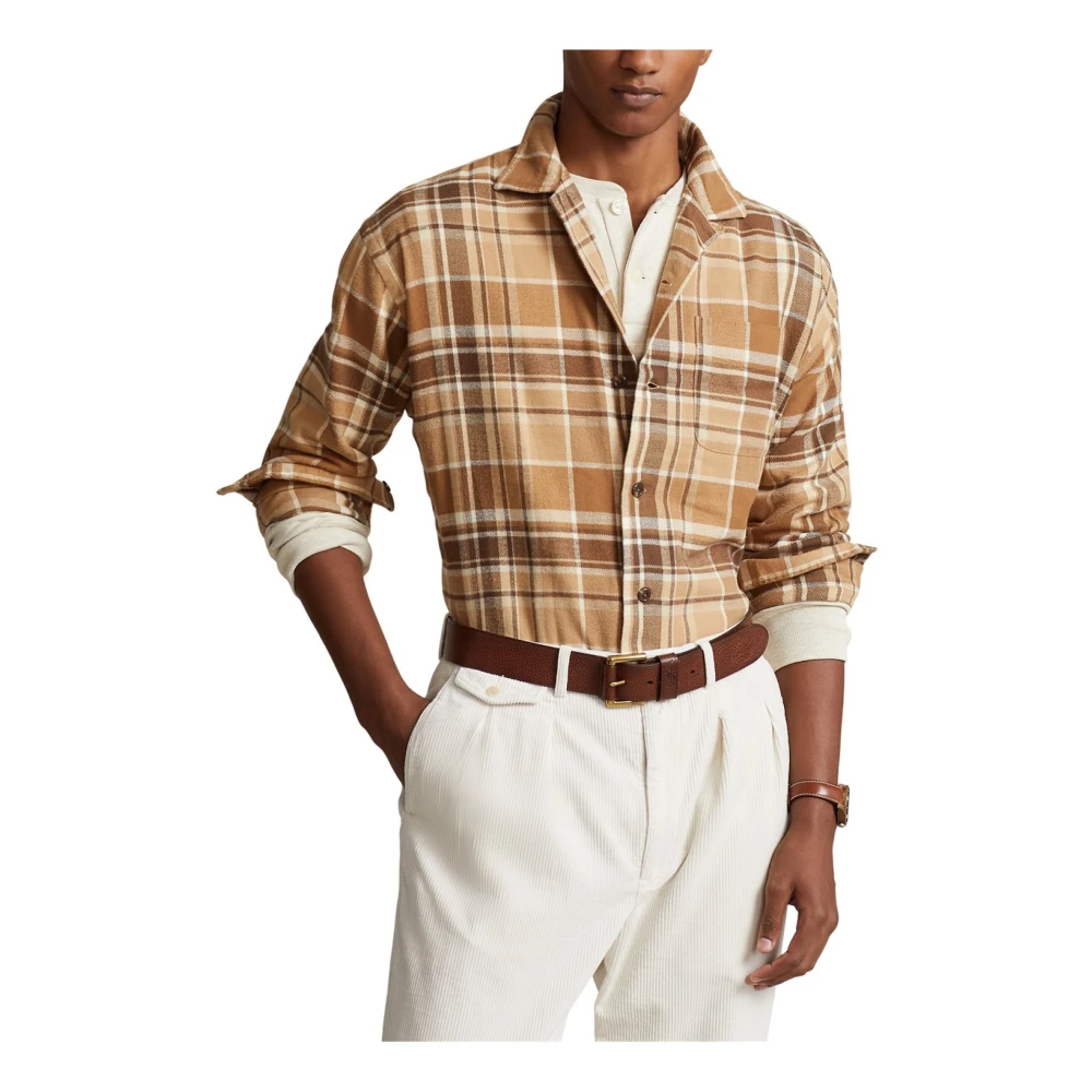 Ralph Lauren Geruite Geborstelde Katoenen Overhemd Brown Heren