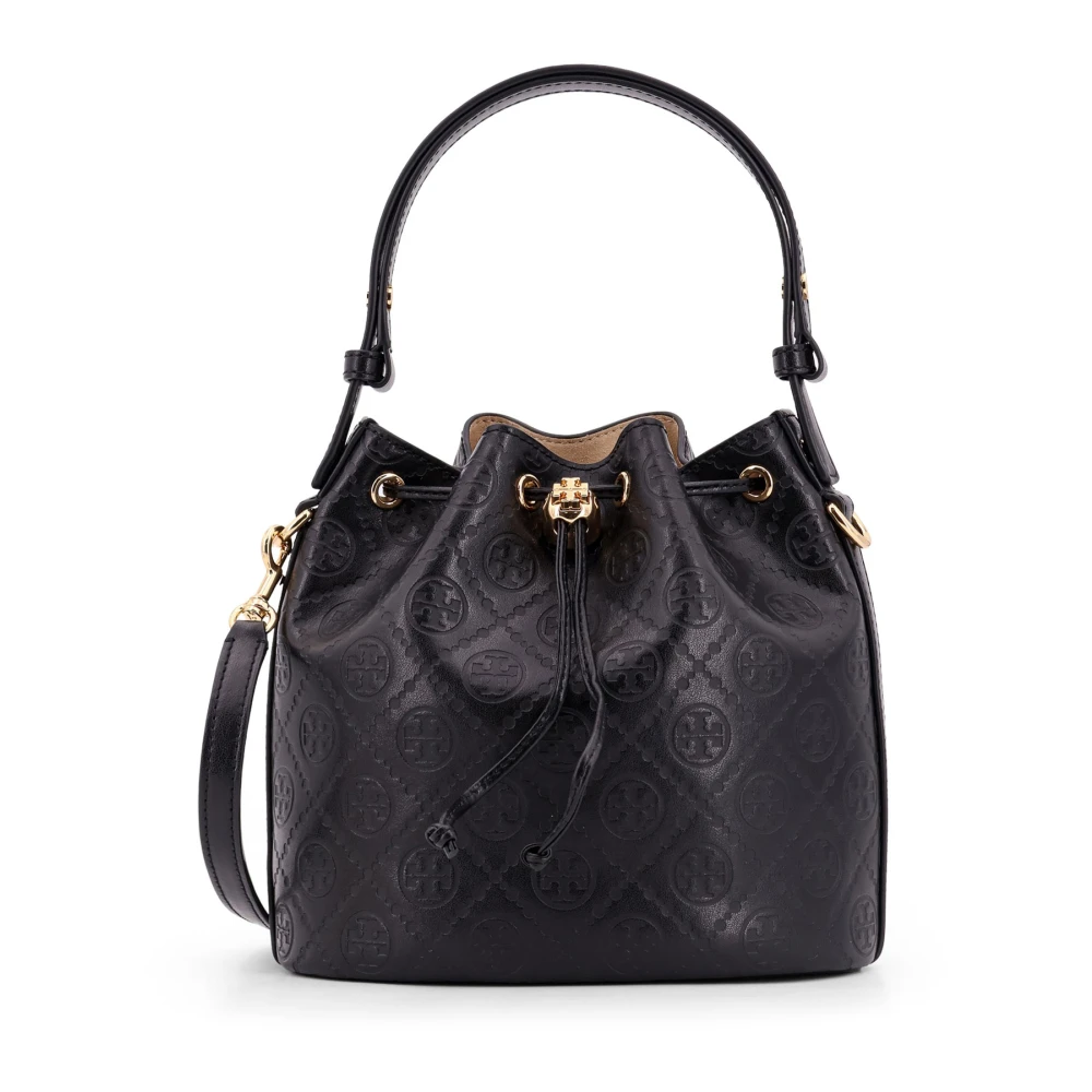 TORY BURCH Monogram Leren Bucket Bag met Trekkoord Black Dames