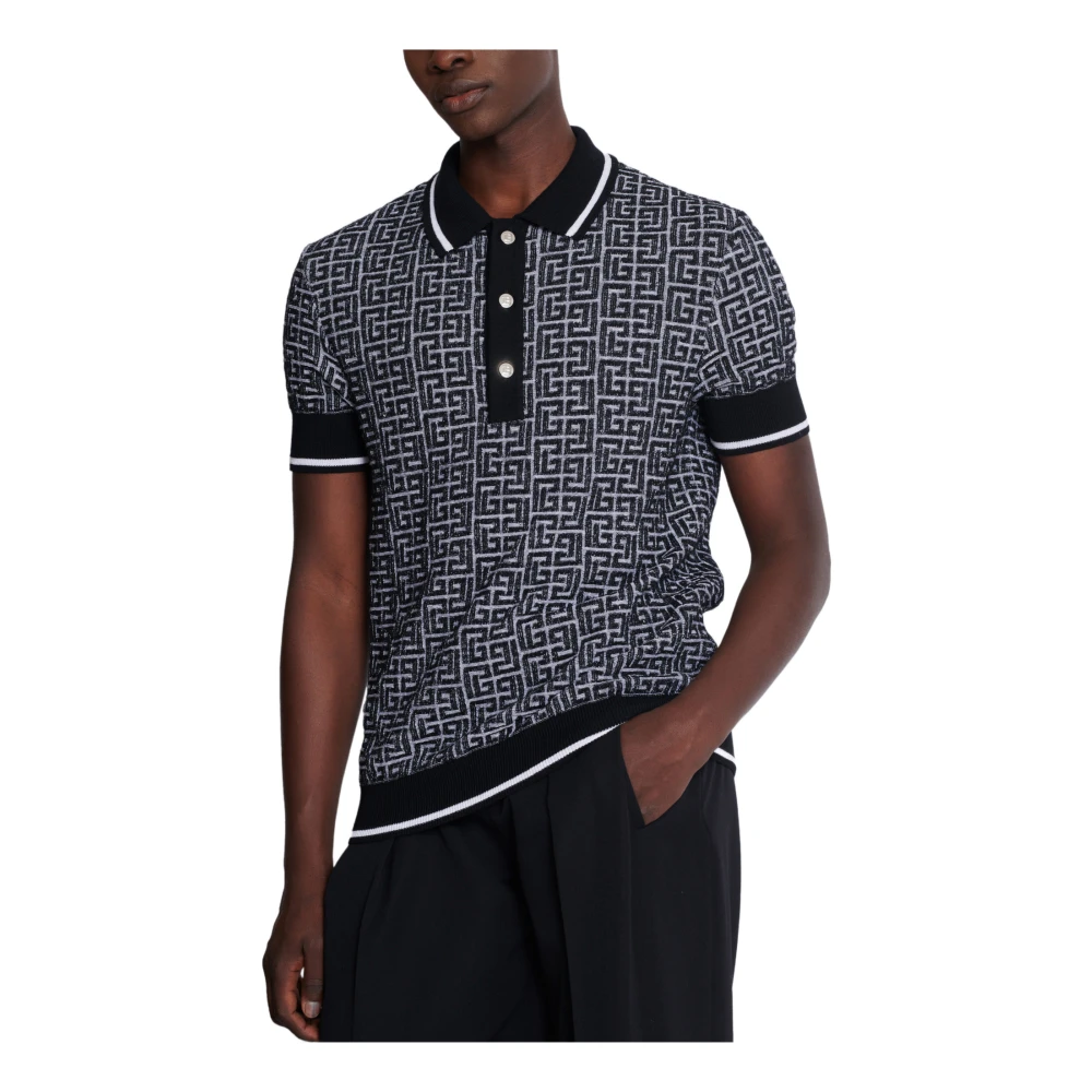 Balmain Labyrinth Knit Polo Shirt Black Heren