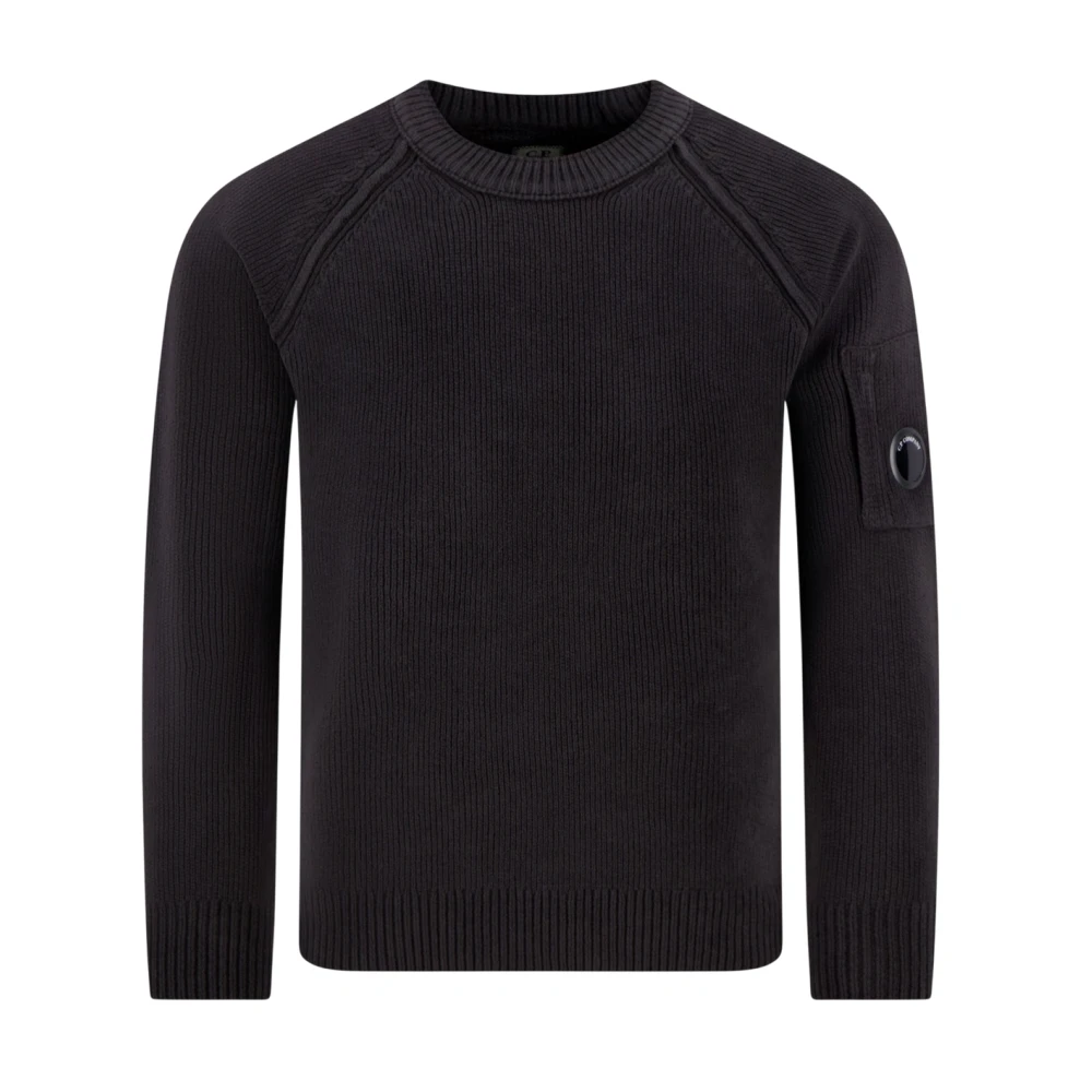 C.p. Company Black Round-Neck Knitwear, Male, M, Chenille Cotton Crewneck Lens Jumper