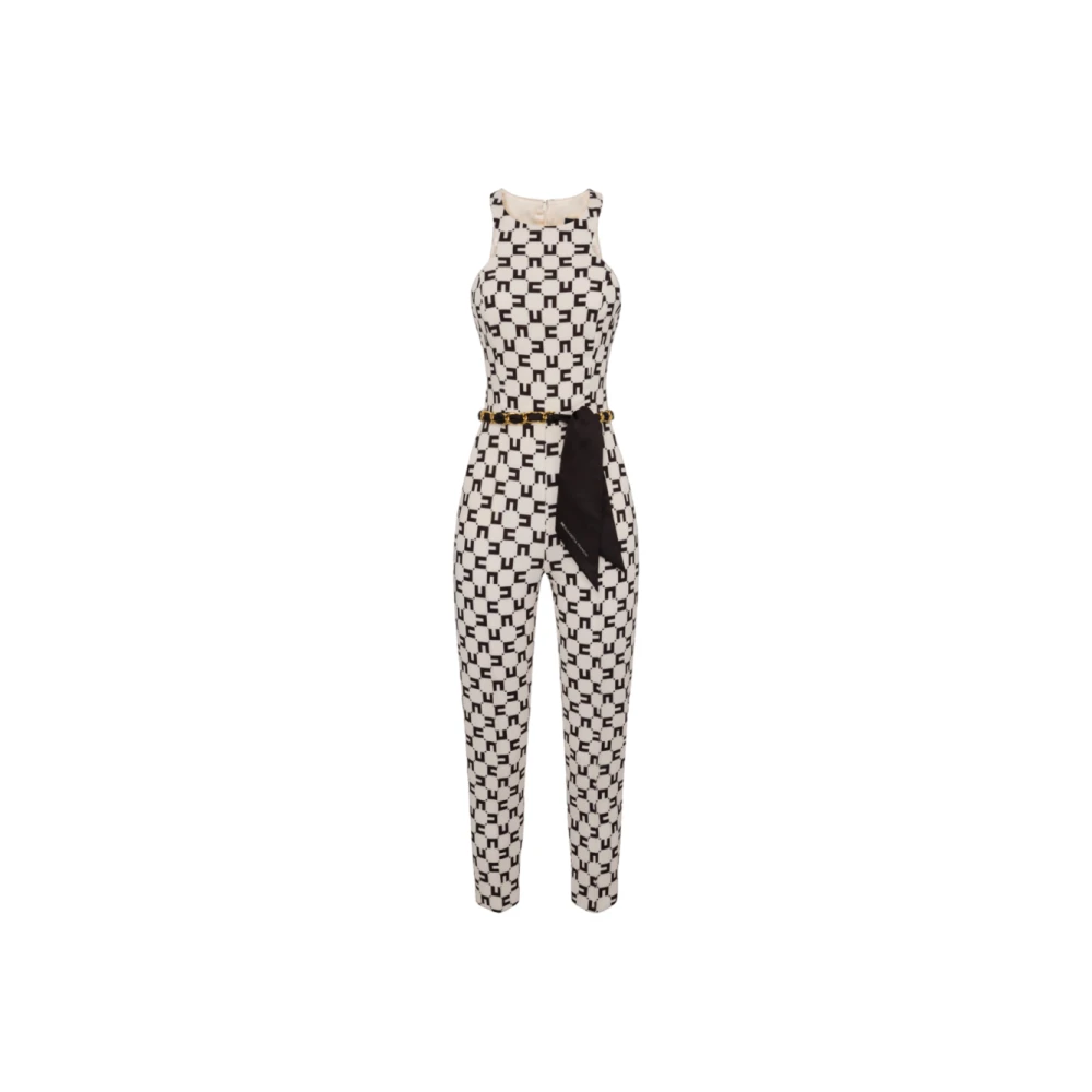 Elisabetta Franchi Jumpsuit met logo print en ketting accessoire Beige Dames