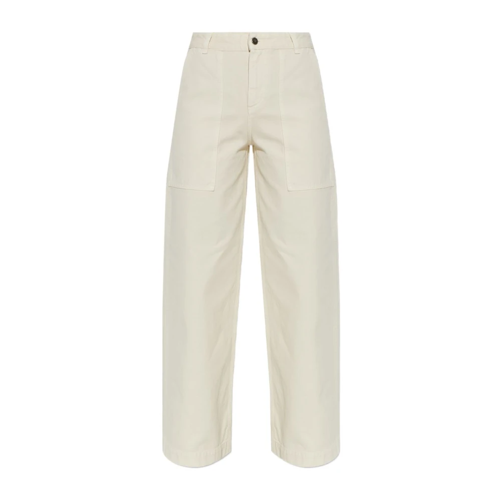 Moncler , Wide Trousers, Female, Beige, S, Cotton Trousers With Leather Logo