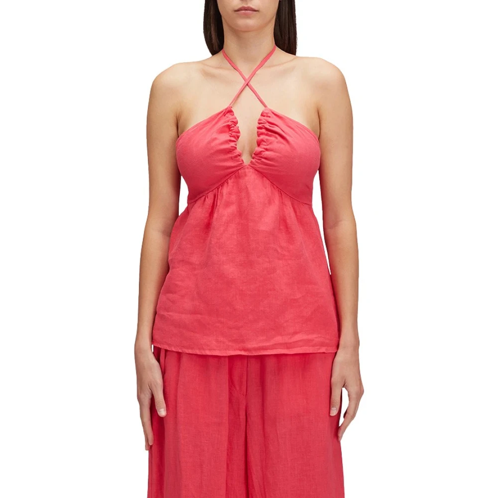 Sundek Women's Pink Sleeveless Tops, L, Fuchsia Linen V-Neck Top