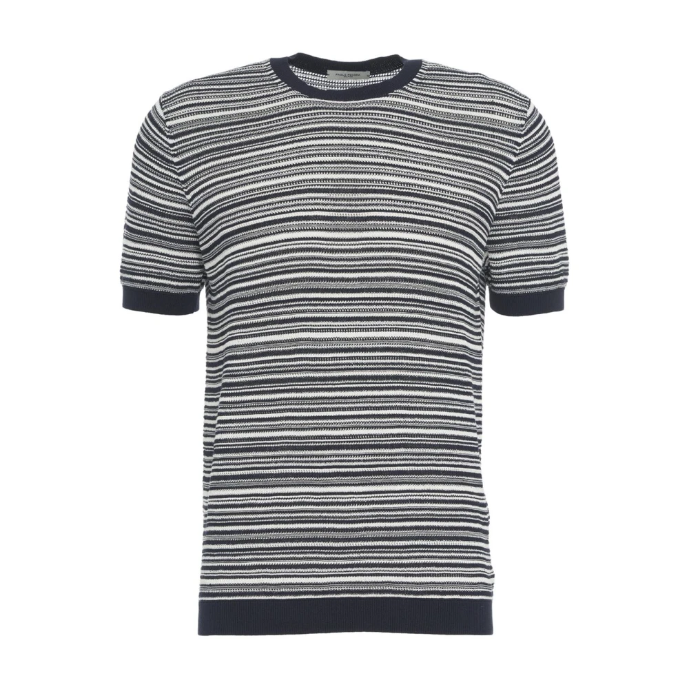 Paolo Pecora Blauwe Gebreide T-shirt Geribbelde Kraag Multicolor Heren
