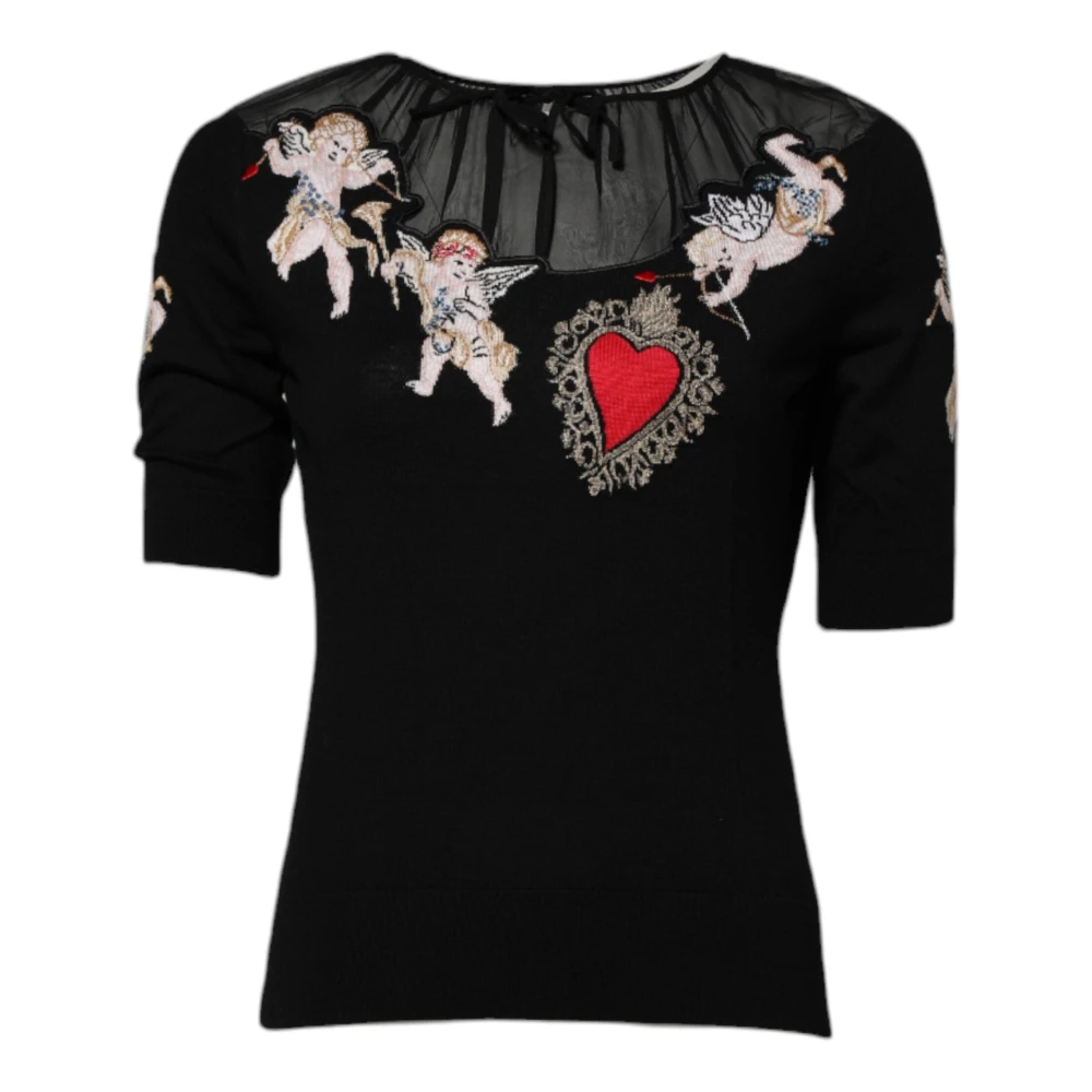 Dolce & Gabbana Women's Black Sacred Heart Embroidered Crewneck Top - Blouses - 2XS - Blouses & Shirts