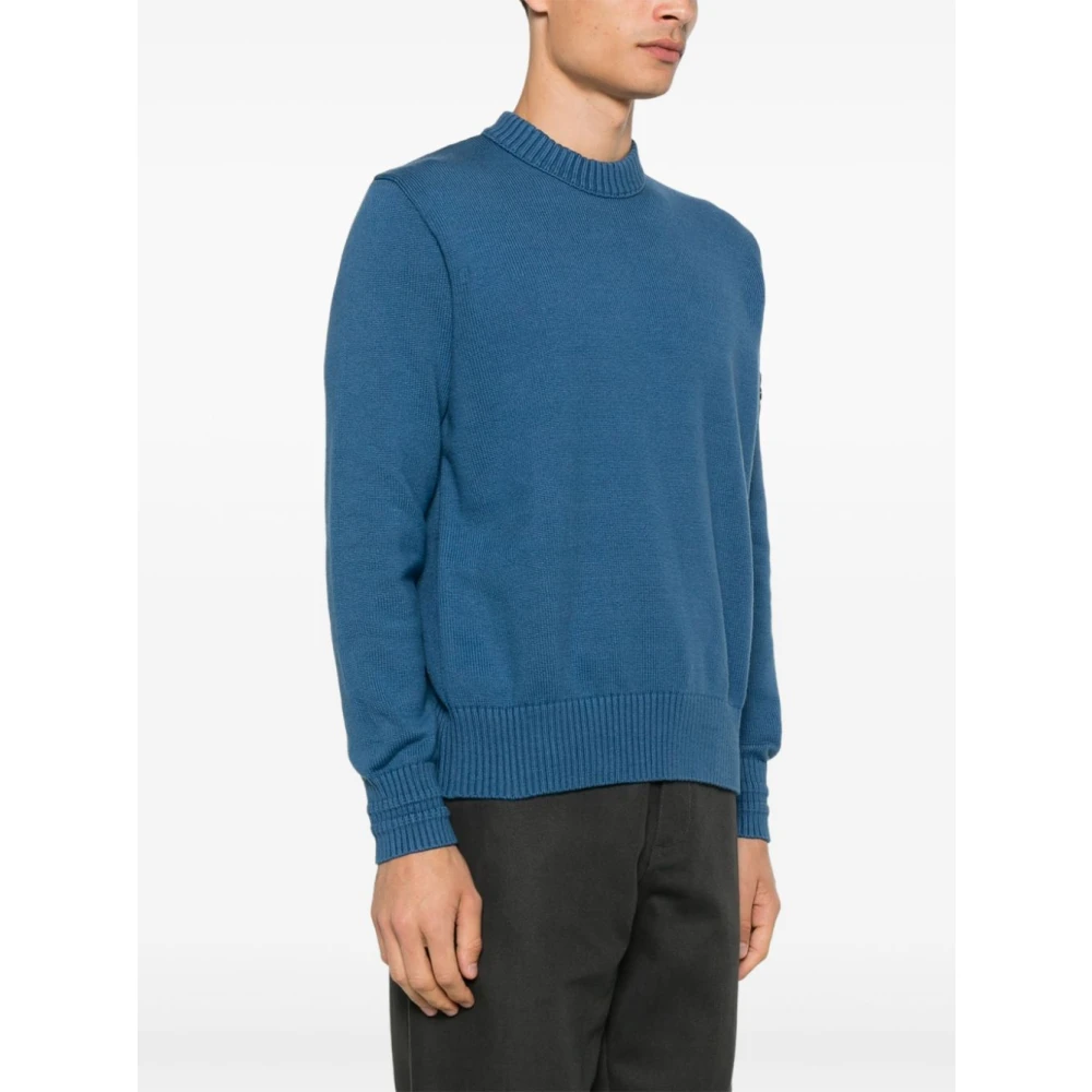 Stone Island Blauwe Ribgebreide Trui Badge Blue Heren