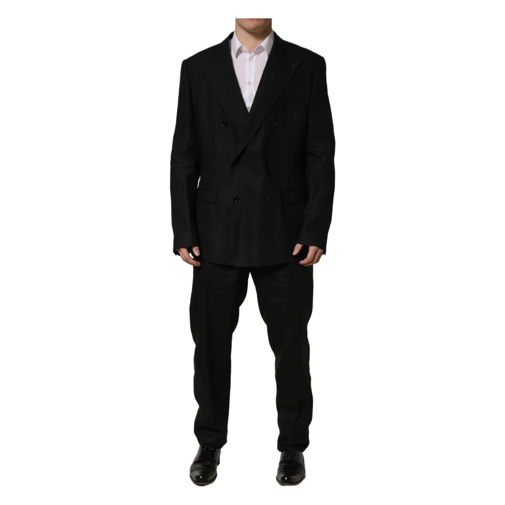 Dolce & Gabbana , Double Breasted Suits, Male, Black, 4XL, Linen Slim Fit Double-Breasted 2-Piece Suit