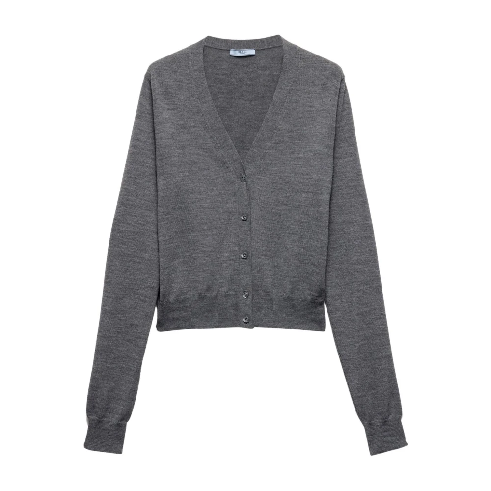 Prada Women's Grey V-Neck Sweater With Logo