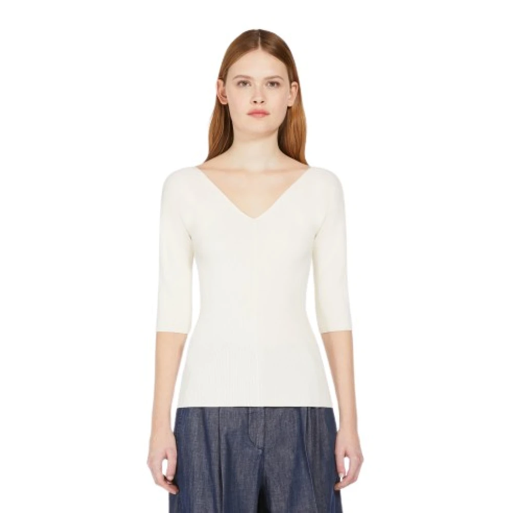 Max Mara Geribbelde Viscose Jersey Top White Dames