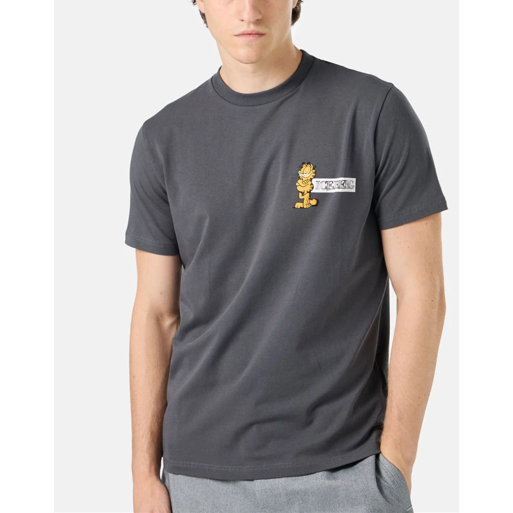 Iceberg Grijze slim-fit T-shirt in stretch jersey met Garfield-print en logo Gray Heren