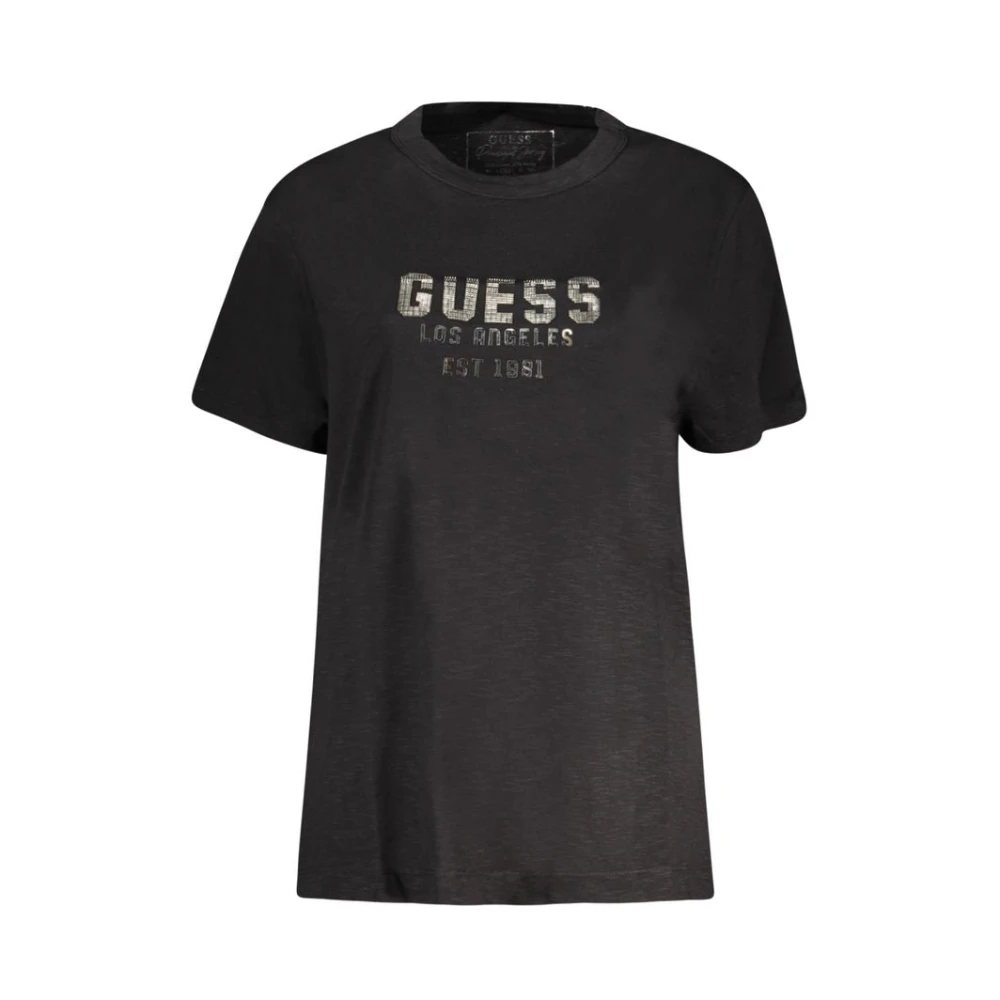 Guess Zwarte Katoenen T-shirt met Korte Mouwen en Applicaties Black Dames
