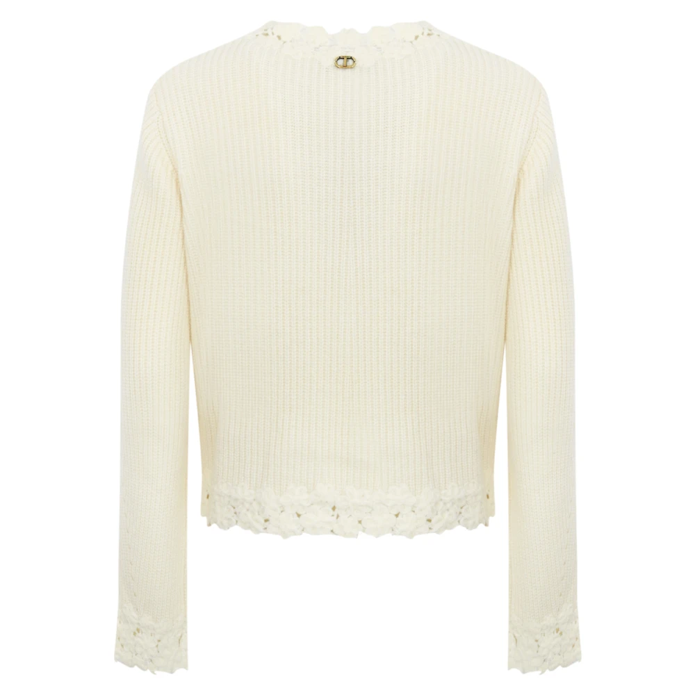 Twinset Gehaakte Gebreide Bloemenjas Wit Beige Dames