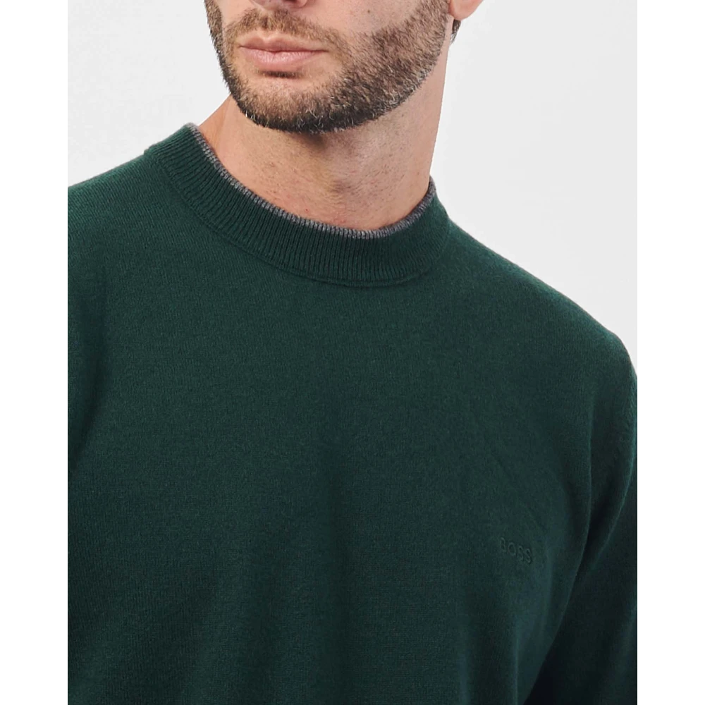 Hugo Boss Groene wollen trui met geribbelde zoom Green Heren
