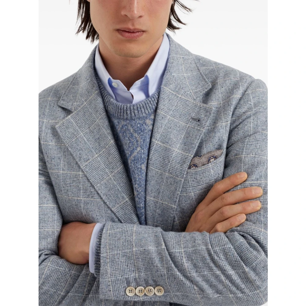 BRUNELLO CUCINELLI Blauw Geruit Patroon Zijde Blazer Blue Heren