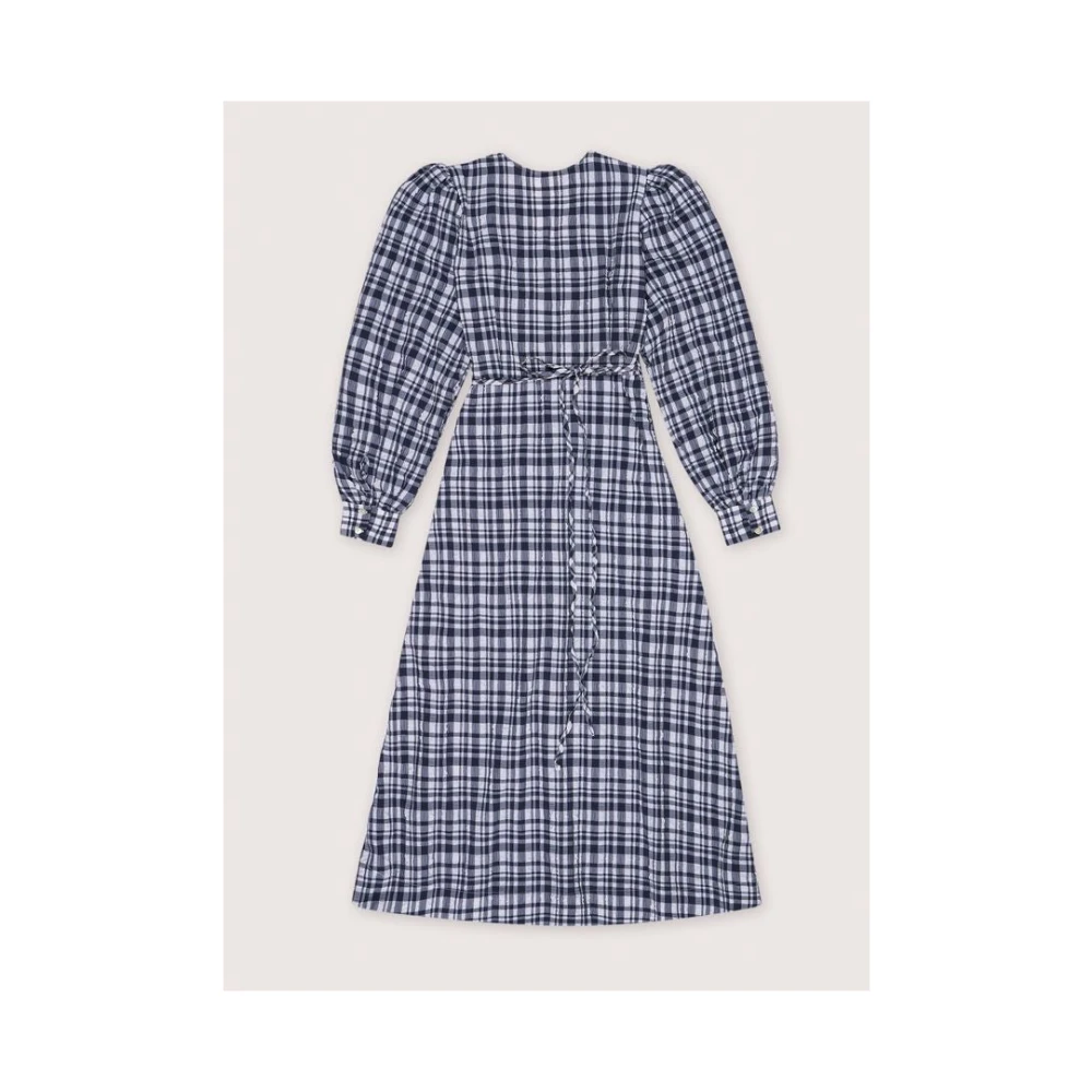 The New Society Seersucker Midi Jurk met Strik Detail Blue Dames