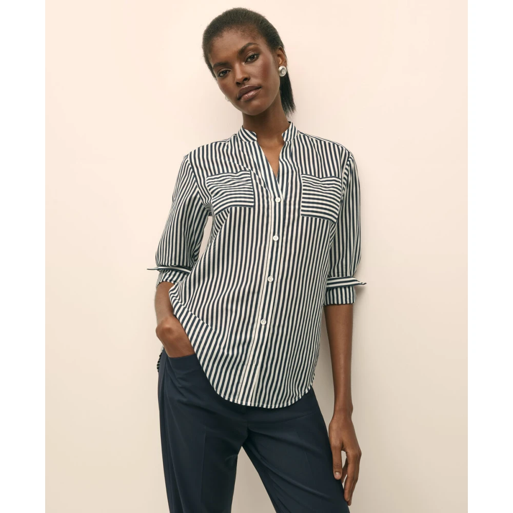 Brooks Brothers Katoen-zijden blouse met dubbele opgestikte zakken Blue Dames