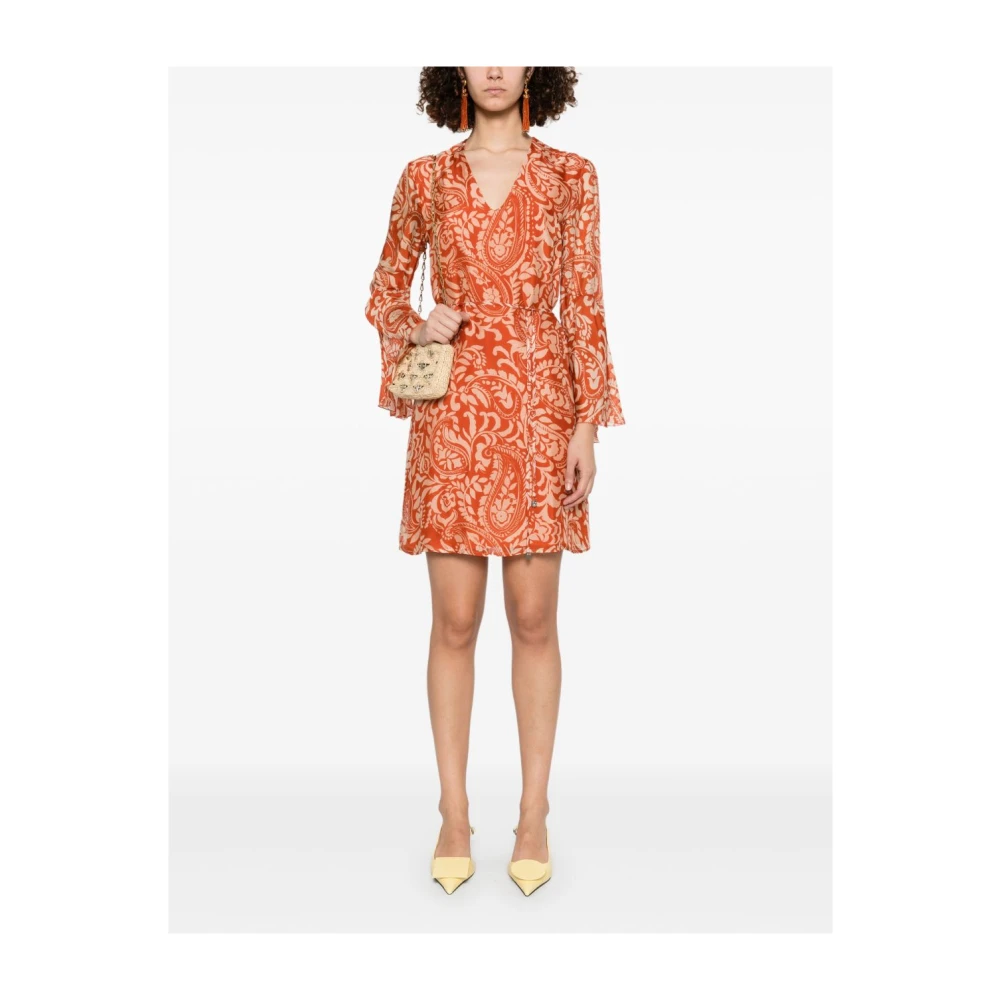 Liu Jo Multicolor Oranje V-Hals Uitlopende Jurk Brown Dames