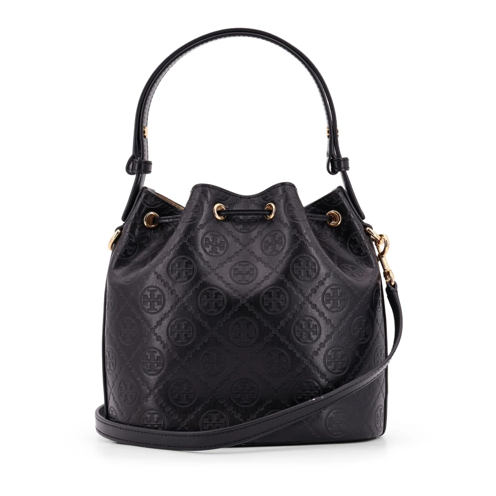 TORY BURCH Monogram Leren Bucket Bag met Trekkoord Black Dames