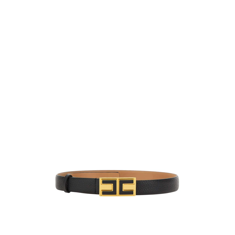 Elisabetta Franchi Zwart Leren Riem met Logo Plaque Black Dames