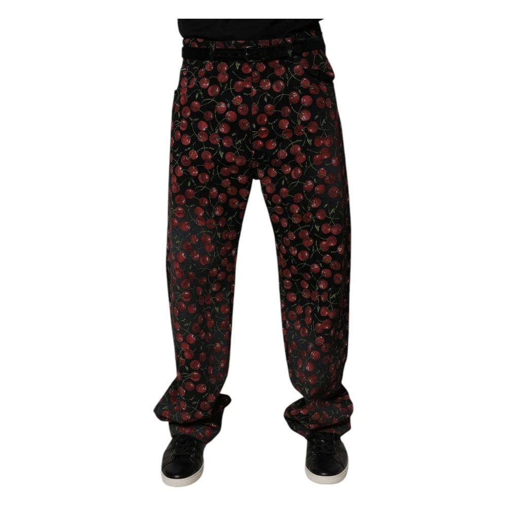 Dolce & Gabbana Black Cherry Print Cotton Straight Jeans - Male - Straight Fit Jeans - M - Jeans