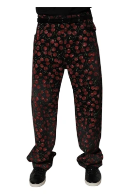 Cherry Print Cotton Straight Jeans
