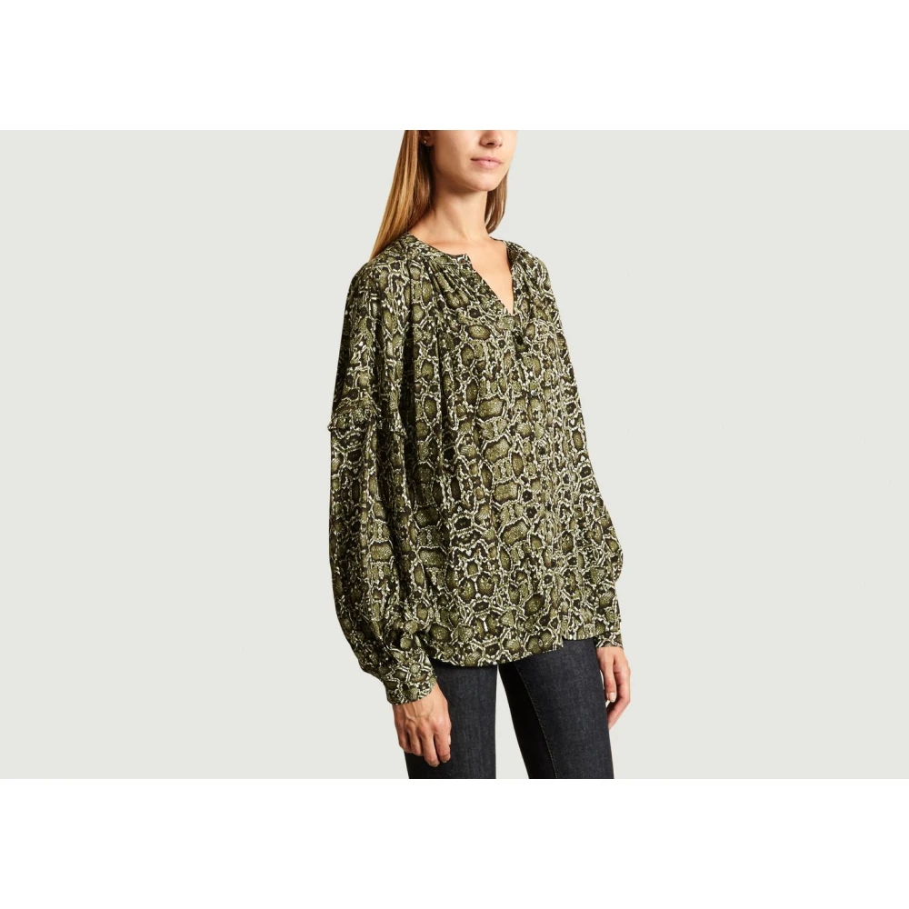 Essentiel Antwerp Khaki Snakeskin Blouse met Ruffle Mouwen Brown Dames