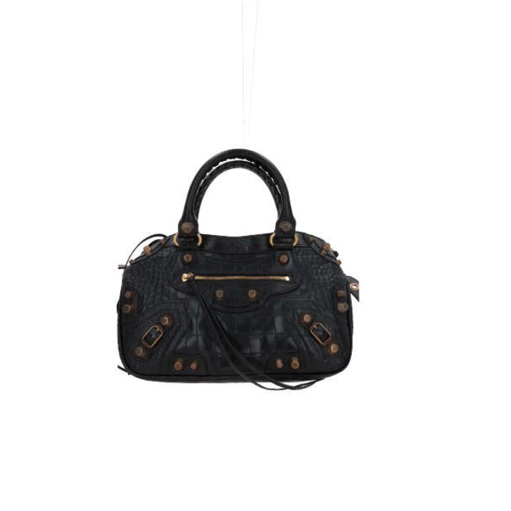 Balenciaga Zwarte krokodillenprint tote tas met studs en antiek gouden gespen Black Dames