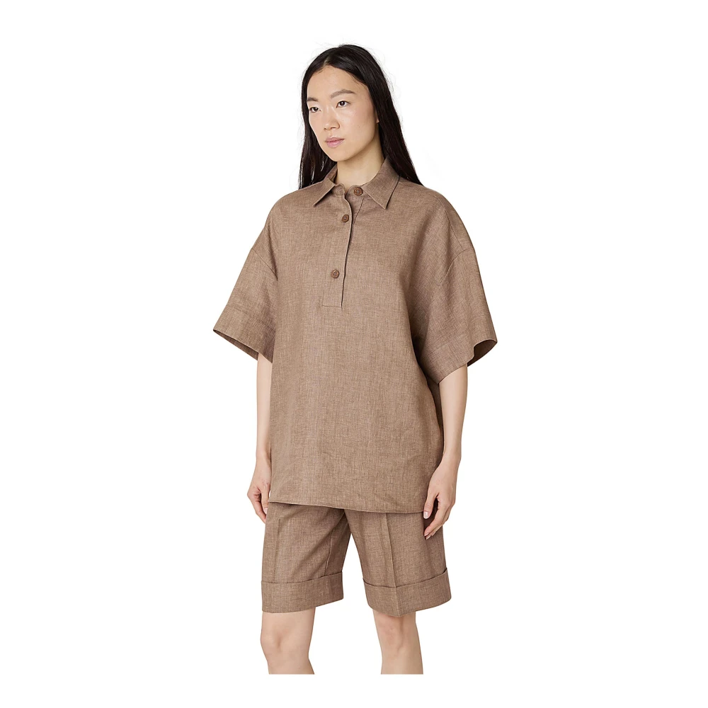 Eleventy Korte Mouw Linnen Kimono Shirt Brown Dames