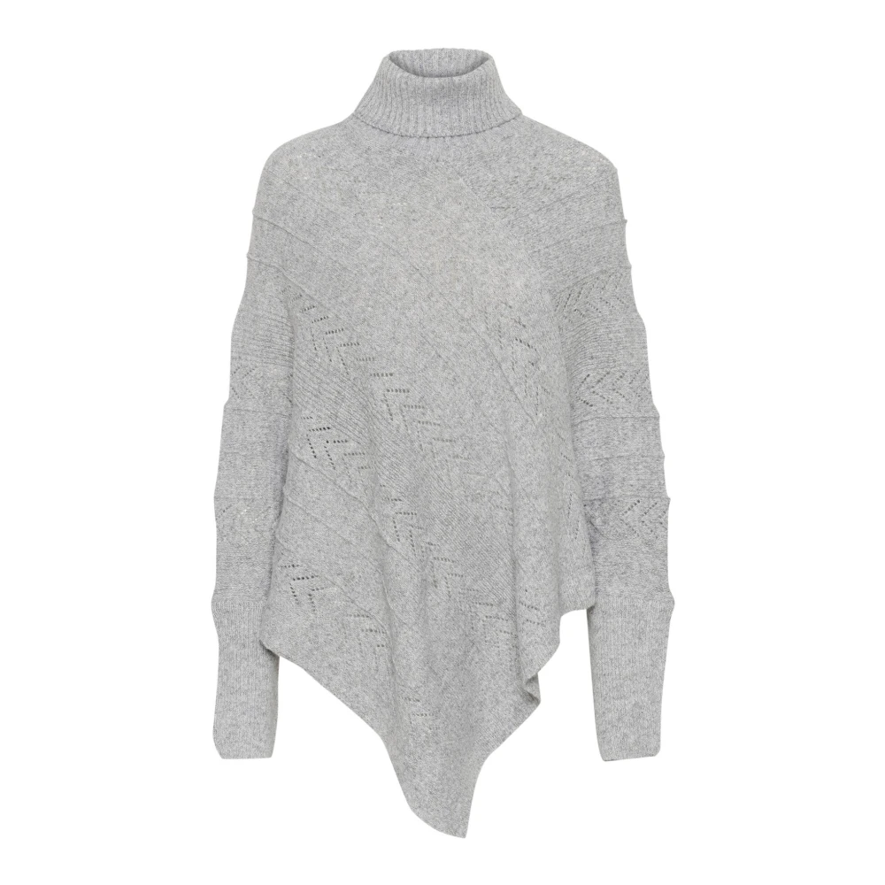 Cream Lichtgrijs Melange Turtleneck Poncho Gebreid Gray Dames