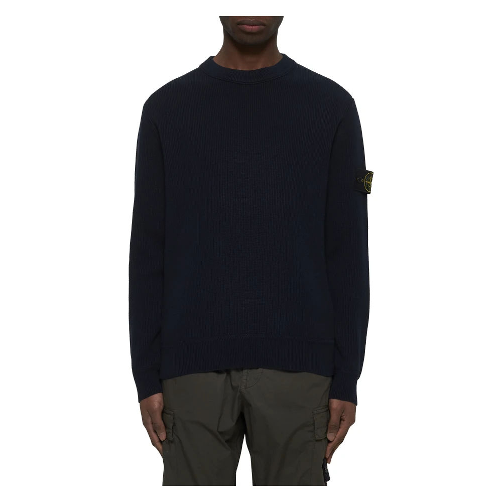 Stone Island Blauwe Geribbelde Trui met Badge Detail Blue Heren