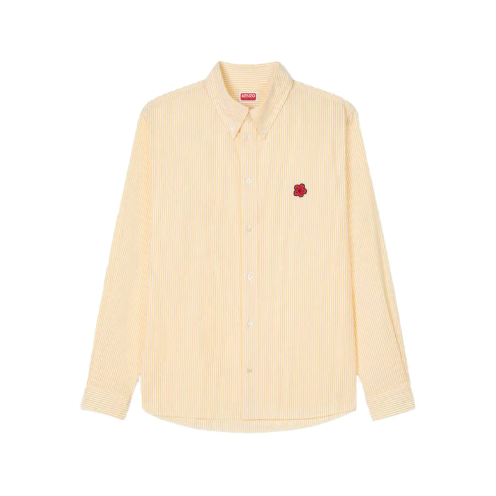 Kenzo Uomo Giallo Camicia Casual Ricamata Con Fiore Boke In Cotone Seersucker