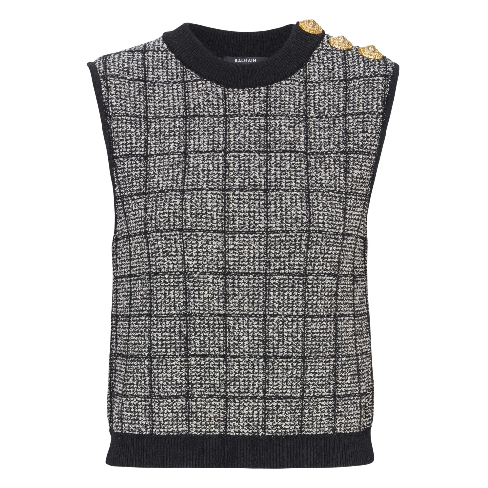 Balmain Black Tweed Crop Top With Buttons - Female - Sleeveless Tops - S - Tops