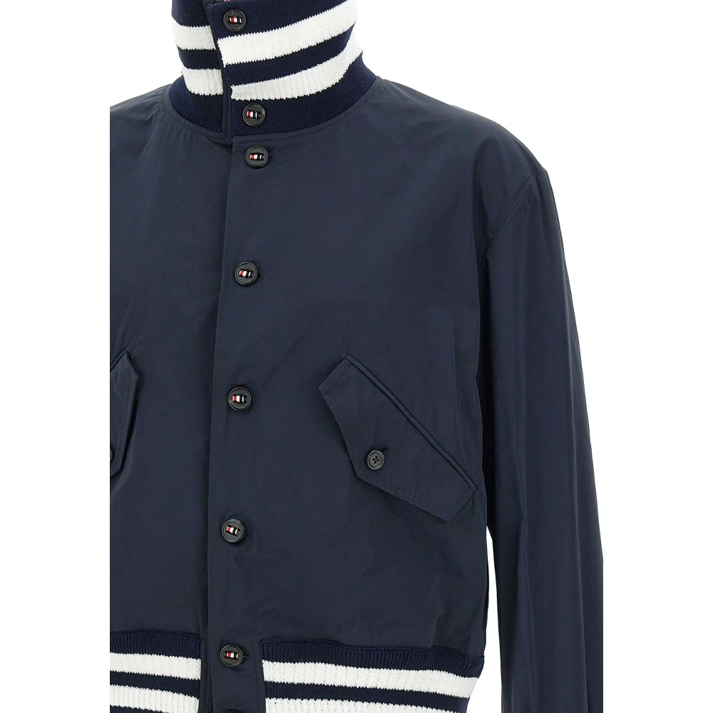 Thom Browne Flight Jacket Navy Blue Satin Nylon Blue Heren