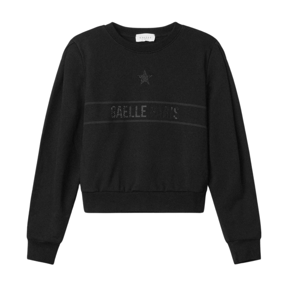 Gaëlle Paris Black Sweatshirts, Female, L, Cotton T-Shirt With Logo Print And Rhinestones