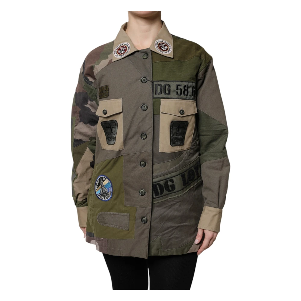 Dolce & Gabbana Vrouw Multicolor Jassen Dames, Veelkleurig, Xs, Katoen, Militair Groene Katoenen Button Down Jas