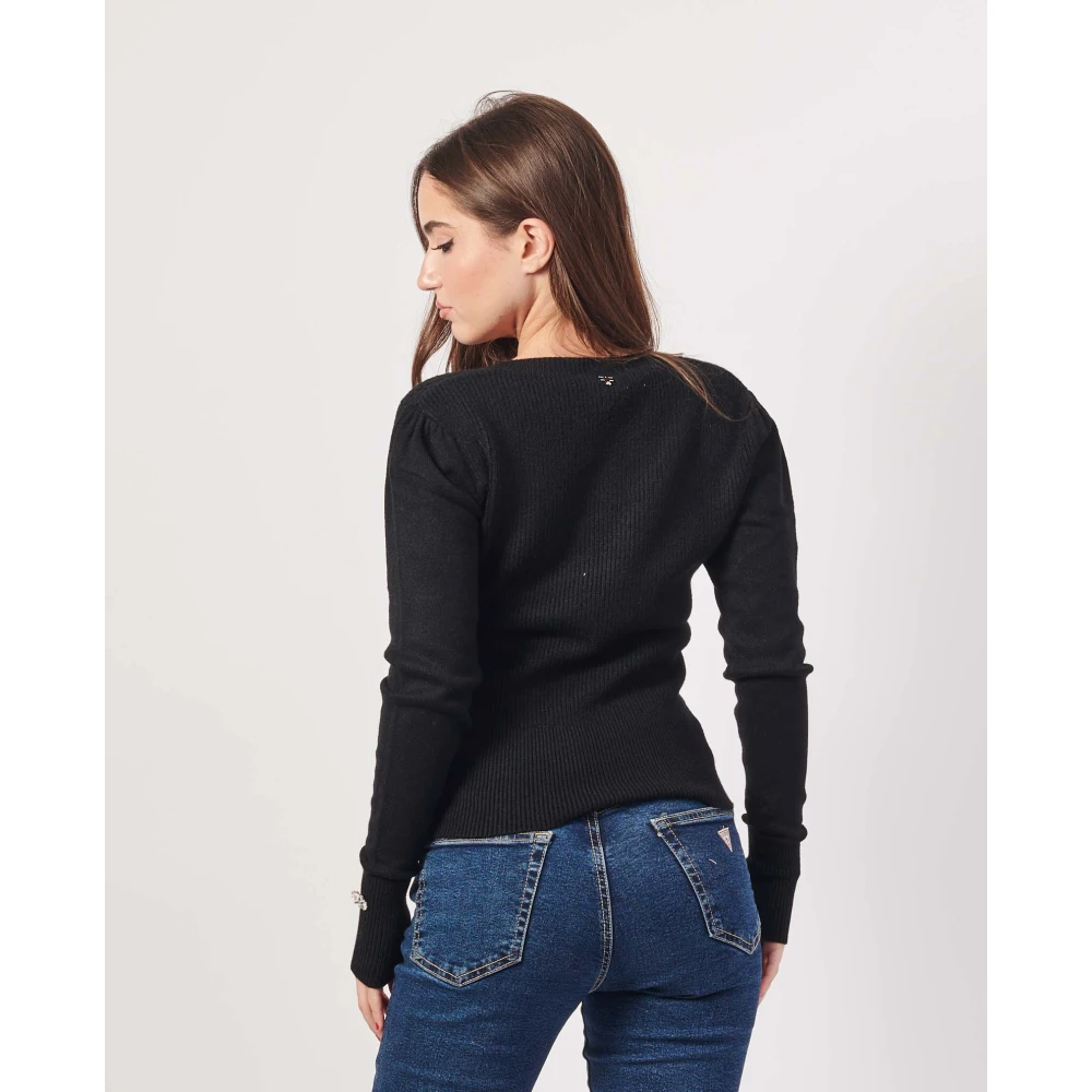 Fracomina Zwarte V-hals trui met geborduurde voorkant Black Dames