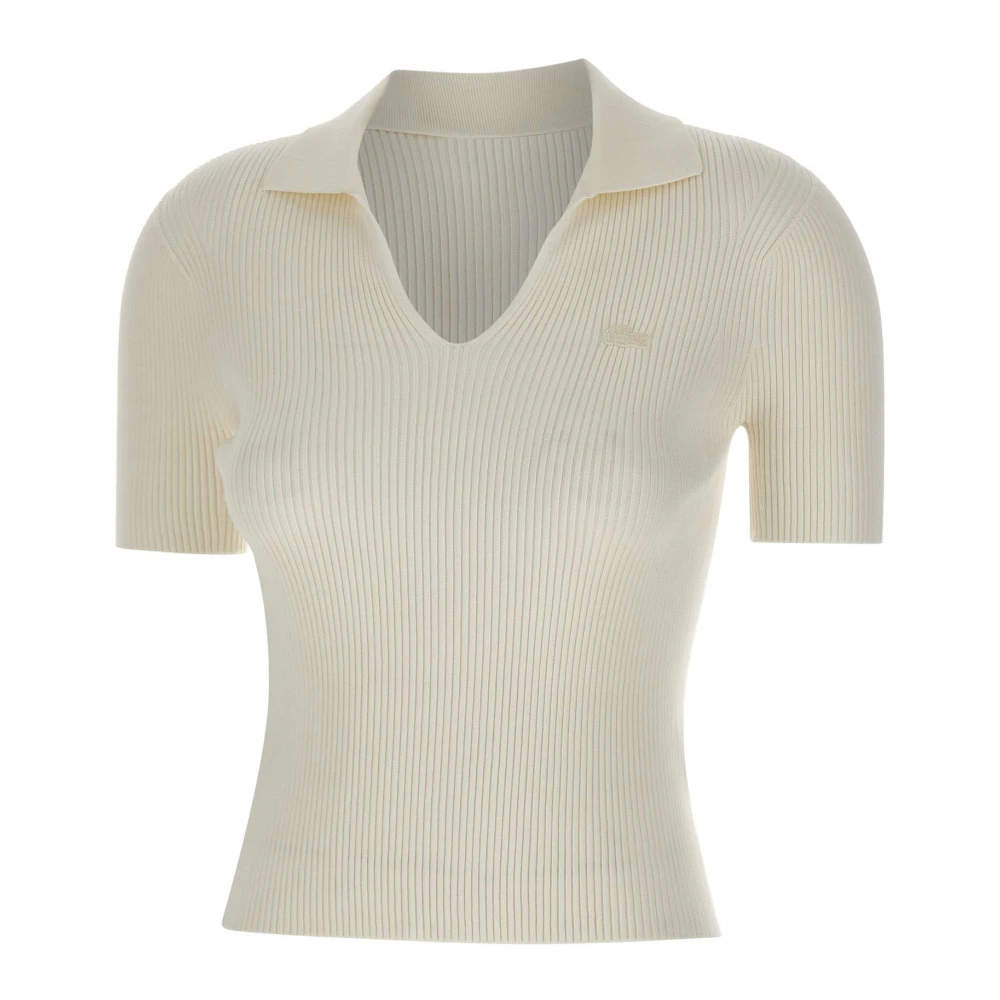 Lacoste Women's White V-Neck Knitwear, M, Ribbed V-Neck Polo