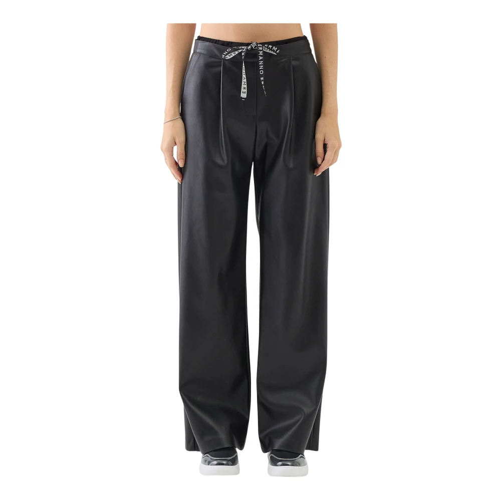 Ermanno Scervino Wijde Pijp Kunstleren Broek met Logo Koord Black Dames