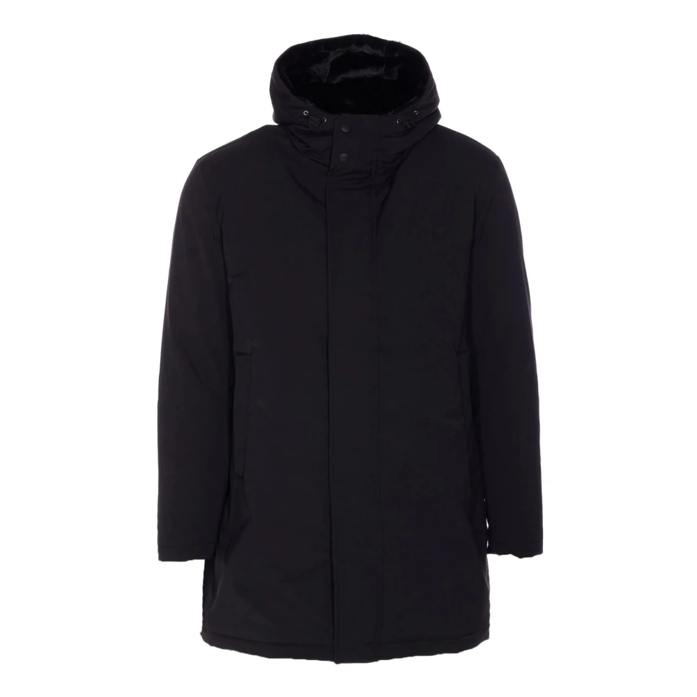 Herno Mannelijk Zwart E Parka Met Capuchon En Nepbont,E Parka Jas Met Nep Bont Voering