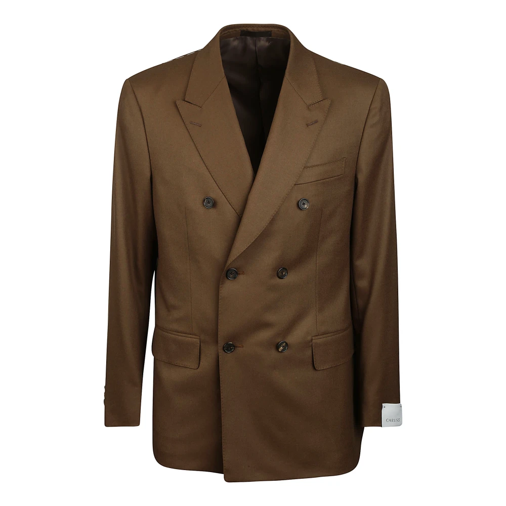Caruso Bruine Wol Double-Breasted Peak Lapel Jas Brown Heren