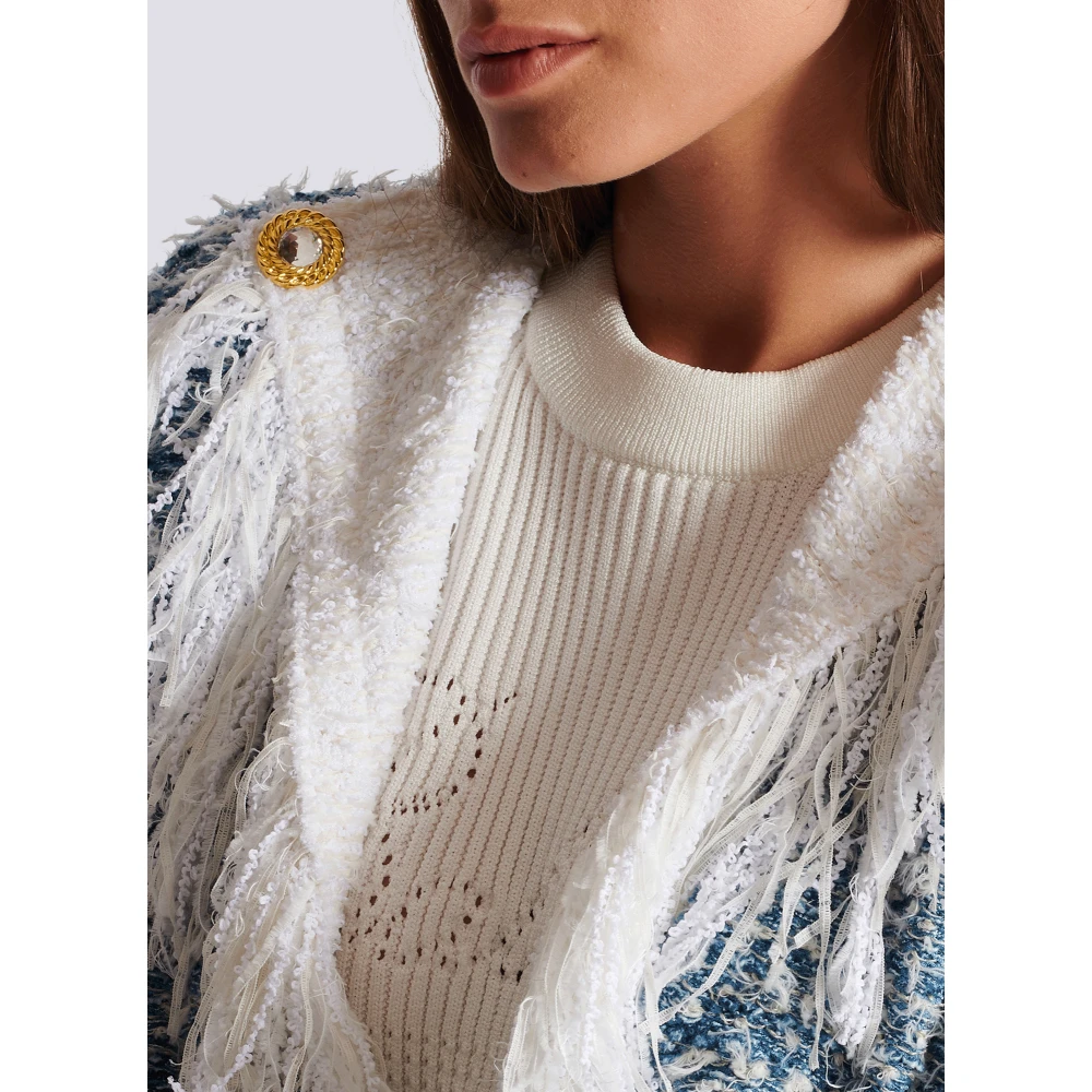 Balmain Franje denim tweed jasje Blue Dames