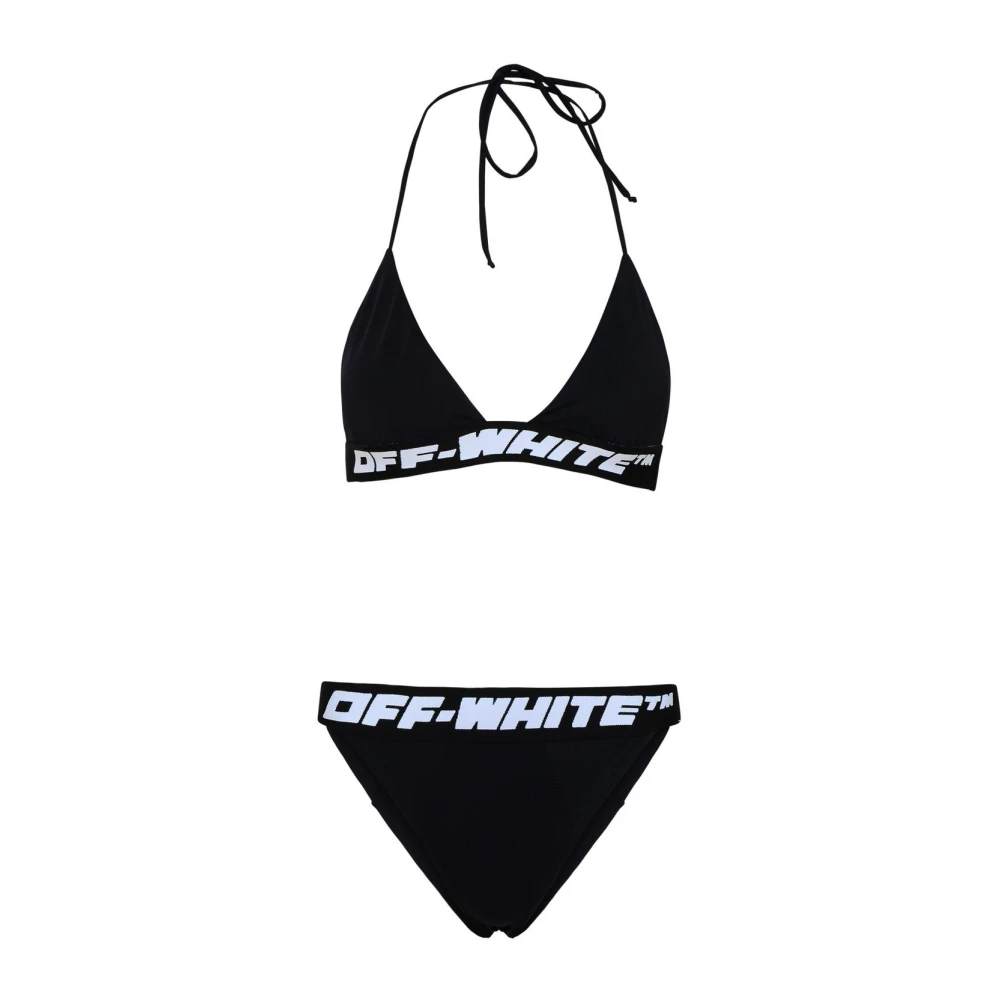 Off White Zwarte Nylon Bandeau Bikini met Logo Black Dames